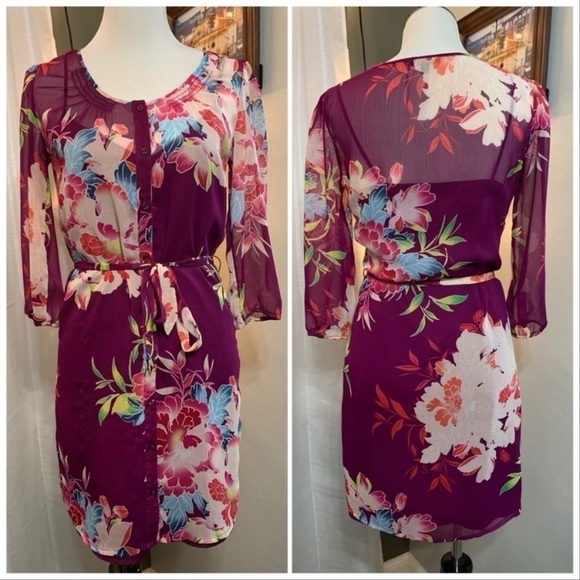 Express Floral Sheer Belted Button Down Shirt Dress EUC - Picture 2 of 10